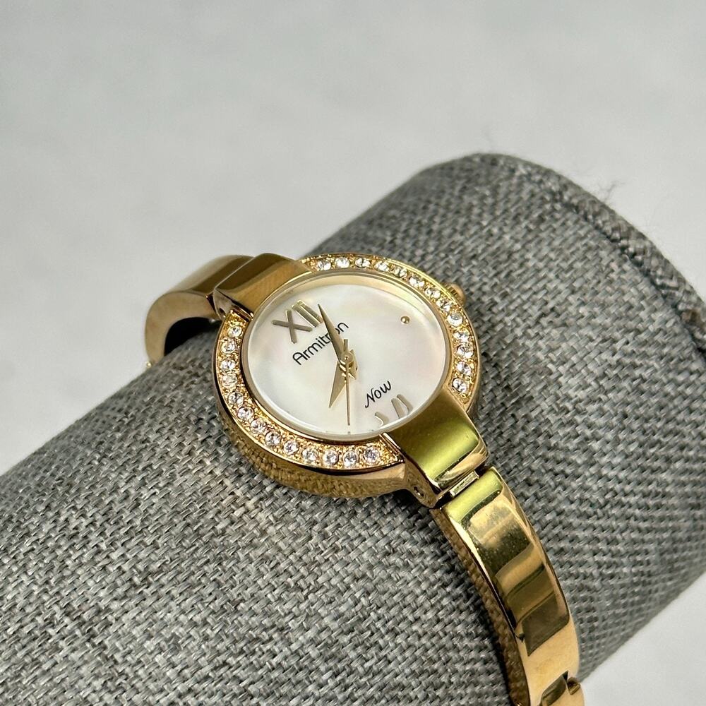 Armitron Watch Womens 24mm Rhinestone Bezel MOP Gold Tone Elegant New Battery
